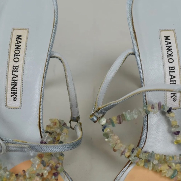 Manolo Blahnik Light Blue Silk Blend Sandals Stones Strap Heels Gems Size 39.5 - Picture 3 of 4